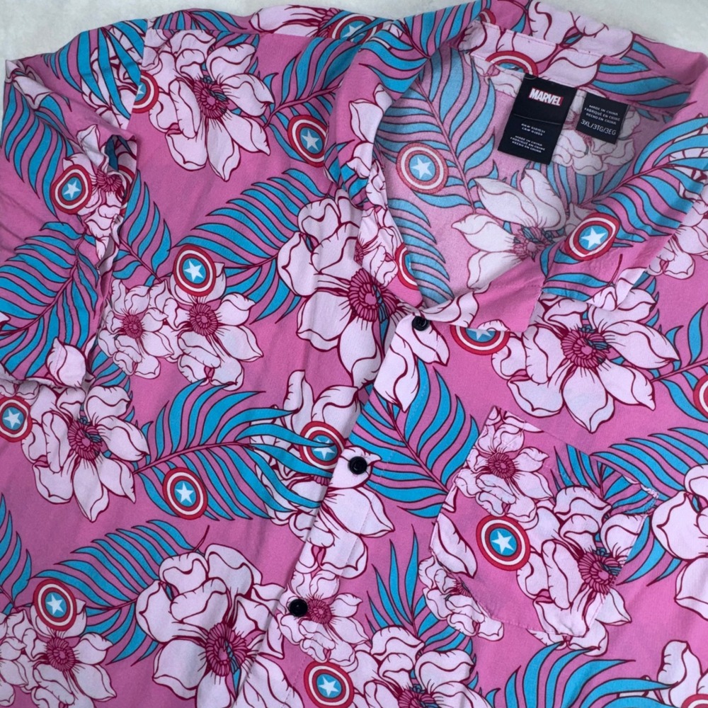 Marvel‎ Button Down Shirt Mens 3XL Pink Captain America Tropical Floral Rayon